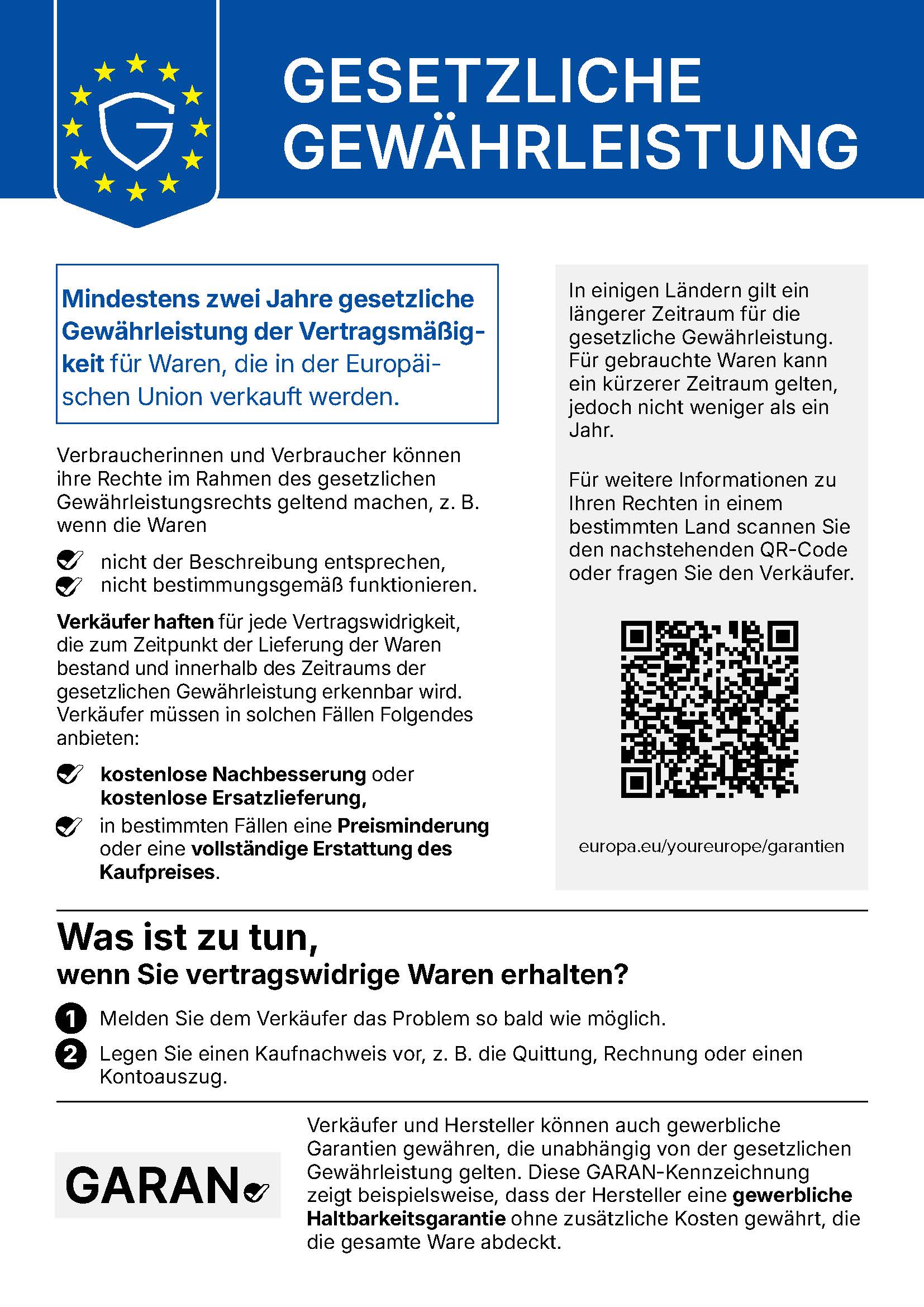 Gesetzliche Gewährleistung – EU-Gewährleistungslabel